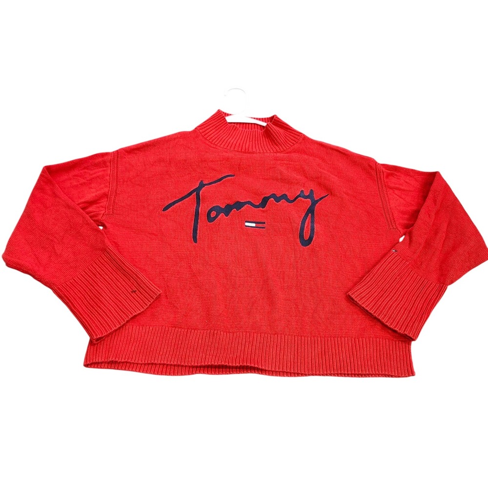 Tommy Hilfiger Denim Red Mock Neck Script Logo Knit Sweater Mens Large L